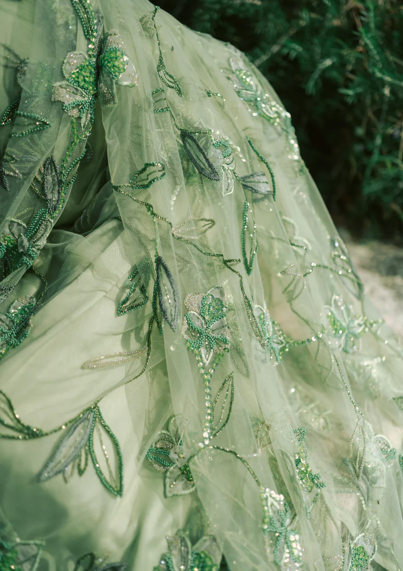 Close-up of green embroidered tulle